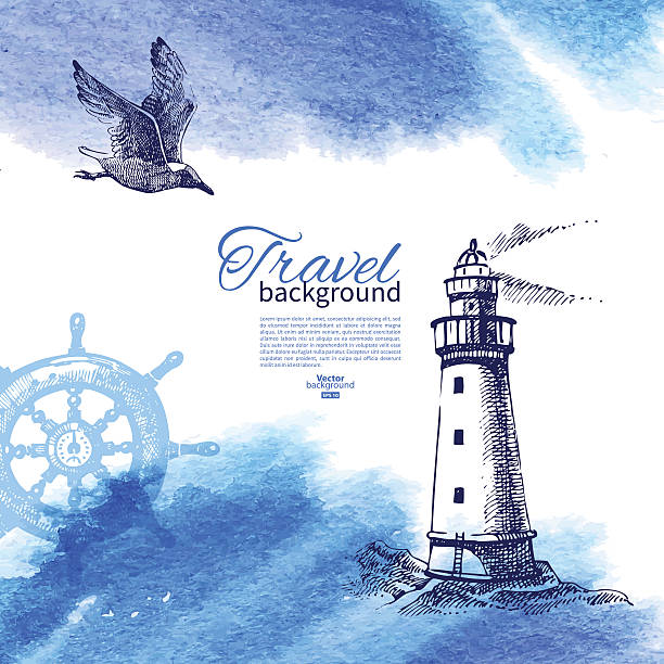 Travel vintage background. Sea nautical design Hand drawn sketch and watercolor illustration lighthouse drawings stock illustrations