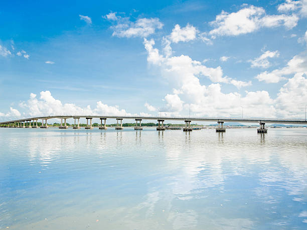 Long bridge across river at chantaburi province,Thailand stock photo