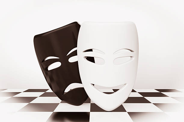 Tragicomic Theater Masks. Sad and Smile masks Tragicomic Theater Masks. Sad and Smile masks over chessboard background tragicomedy stock pictures, royalty-free photos & images