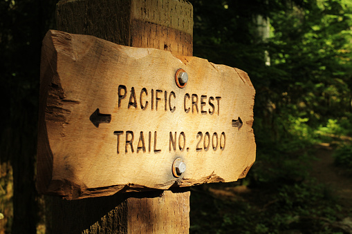 A marker along the popular Pacific Crest trail which follows the Cascades and Sierra mountain ranges and stretches from Canada to Mexico. This marker is near Mt. Hood in Oregon.
