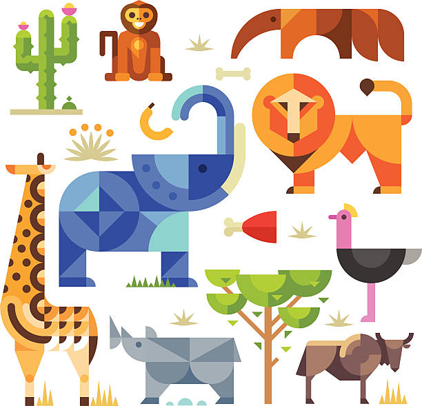geometrische flache afrikanische tiere und pflanzen - ostrich ape animal monkey stock-grafiken, -clipart, -cartoons und -symbole