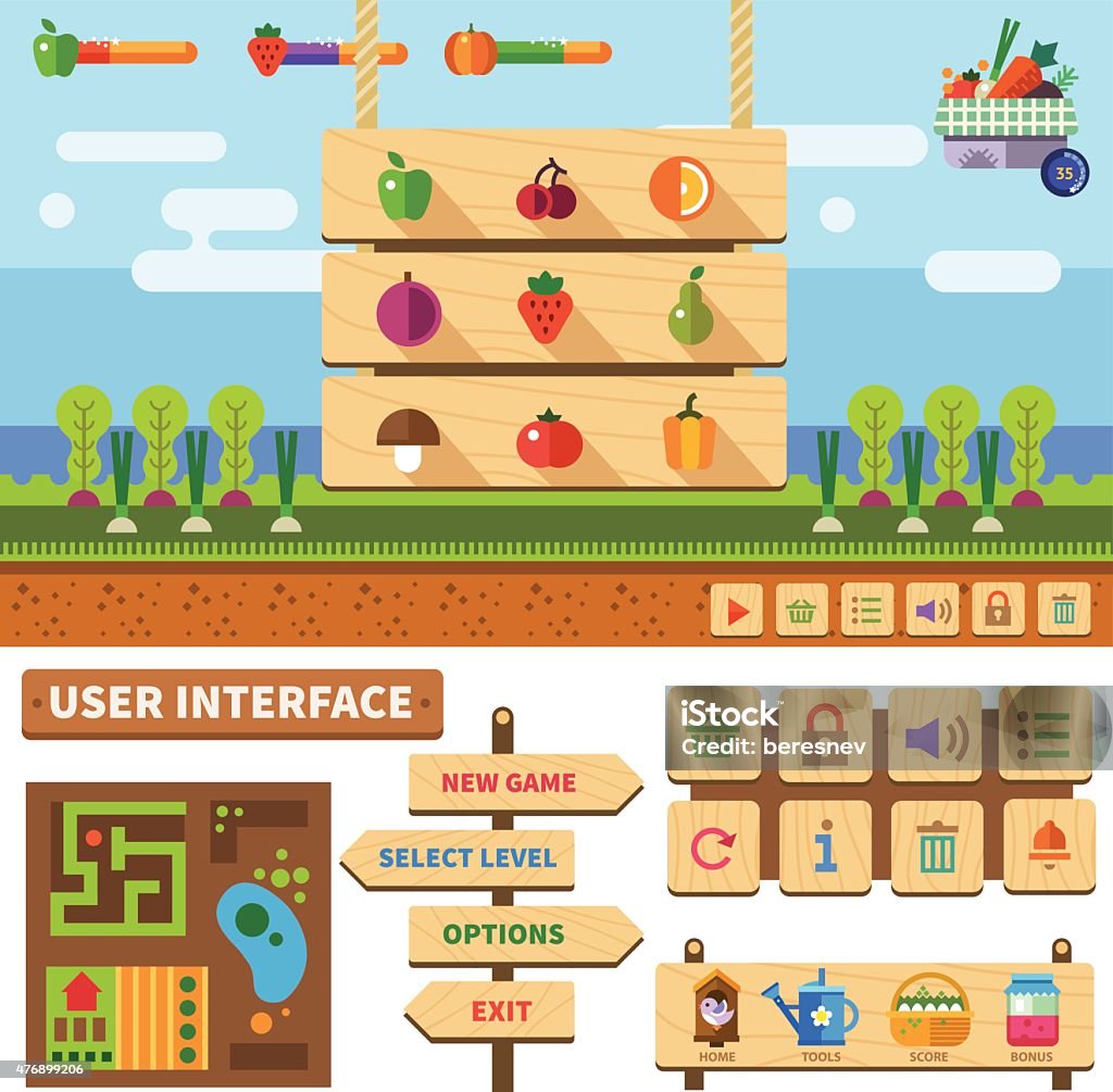 Farm in the village. Wooden User Interface for game Farm in the village. Wooden User Interface for game: basic controls, menus, pop-up windows, icons Leisure Games stock vector