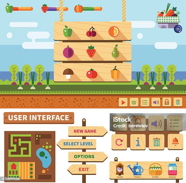 Farm In The Village Wooden User Interface For Game Stock Illustration - Download Image Now