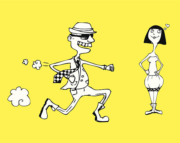 Funny boy and girl Funny guy running to a girl. She is in love. Rushing to the ska party. Vector illustration. Wallpaper with people who play! ska stock illustrations