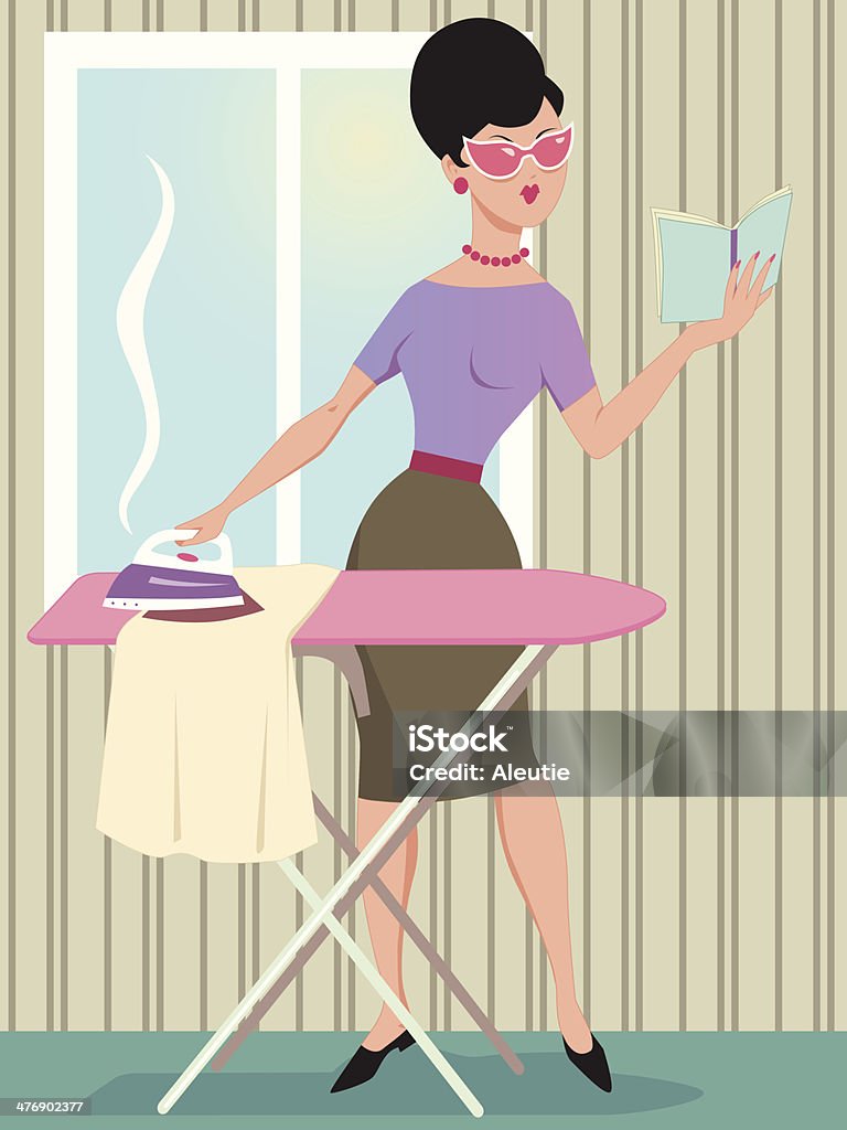 Romantic reading Woman dressed in 1960s style clothes ironing and reading a book at the same time, vintage inspired vector cartoon, no transparencies 1960-1969 stock vector