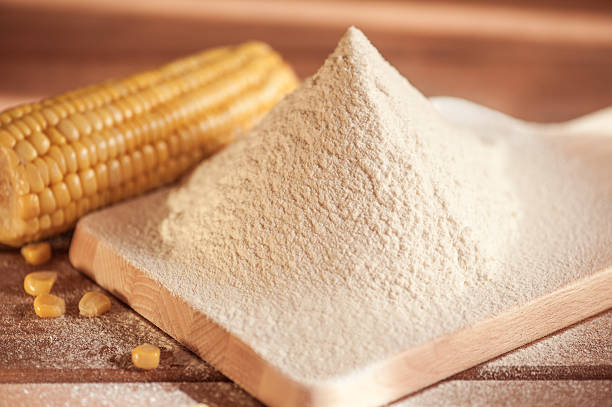 sifted maize flour corn flour and corn on the cob on a wooden table oat crop photos stock pictures, royalty-free photos & images