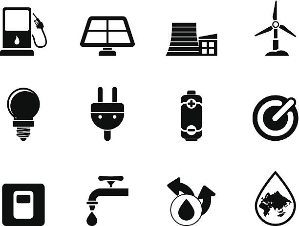 sylwetka ekologia, mocy i energii ikony - diesel factory water sun stock illustrations