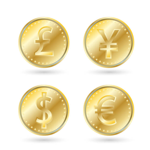 currency symbols, gold coin currency symbols, gold coin. dollar, yen, euro, pound sterling banknote euro close up stock illustrations