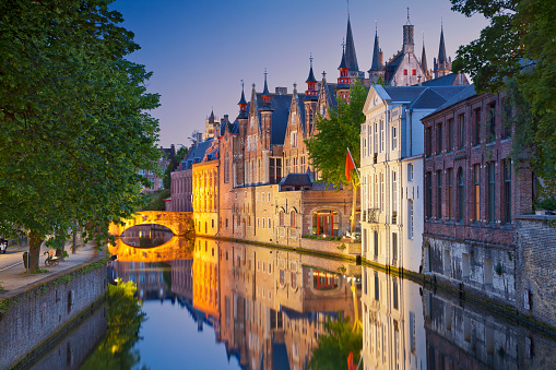Image of Bruges, Belgium during twilight blue hour.