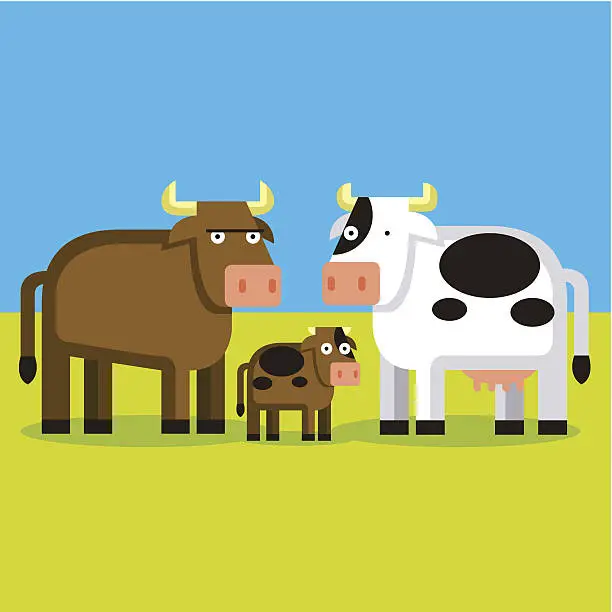 Vector illustration of Cartoon Bull, Cow and Cald On A FIeld