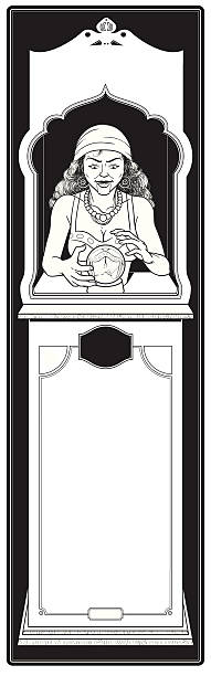 Fortune Teller A black and white vector illustration of a gypsy woman with a gazing globe inside a fortune teller machine. fortune telling machine stock illustrations