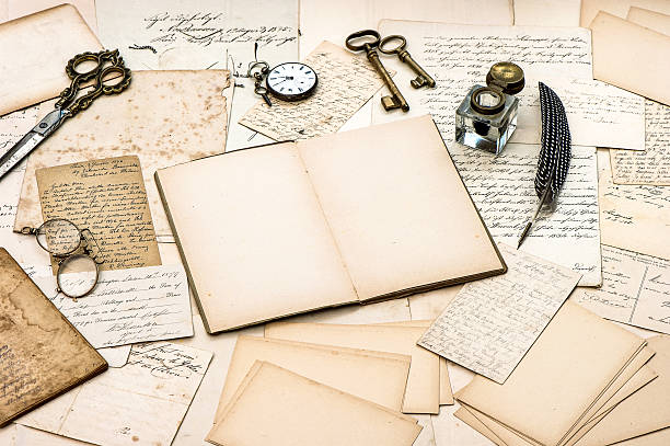 istock antique accessories, old letters, diary book and vintage ink pen 476908951