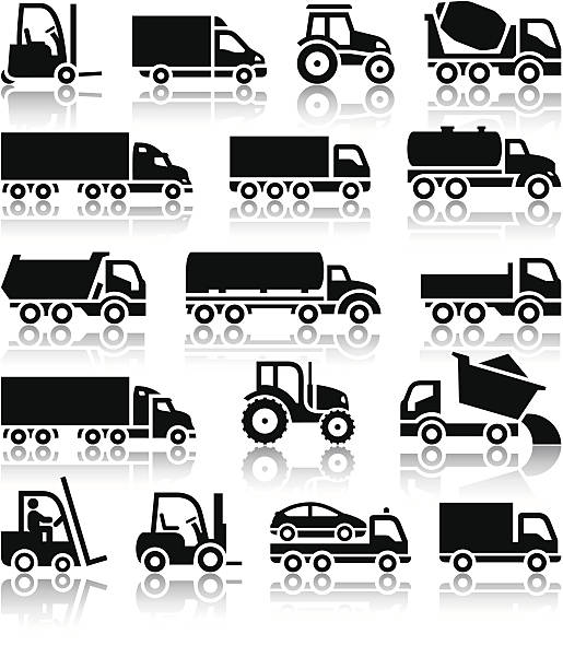 세트마다 배달차 검정색 아이콘 - semi truck fuel tanker truck diesel stock illustrations