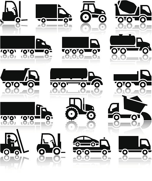 набор значков грузовиков черный - fuel tanker transportation symbol mode of transport stock illustrations