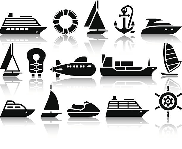 ilustrações, clipart, desenhos animados e ícones de conjunto de ícones pretos transporte por água - life belt nautical vessel life jacket buoy