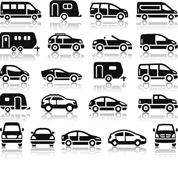 Set of transport black icons Set of transport black icons with reflection, vector illustrations van vehicle stock illustrations