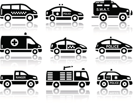 Set of service automobiles black icons with reflection, vector illustrations