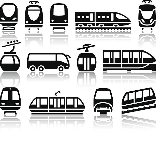 ilustrações, clipart, desenhos animados e ícones de passageiro e transporte público ícones pretos - train people cable car transportation