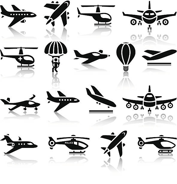 세트마다 항공기 검정색 아이콘 - skydiving parachute parachuting helicopter stock illustrations