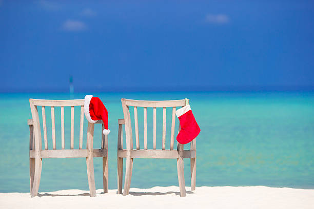 istock Red Christmas stocking and Santa Hat on chair at beach 476914110
