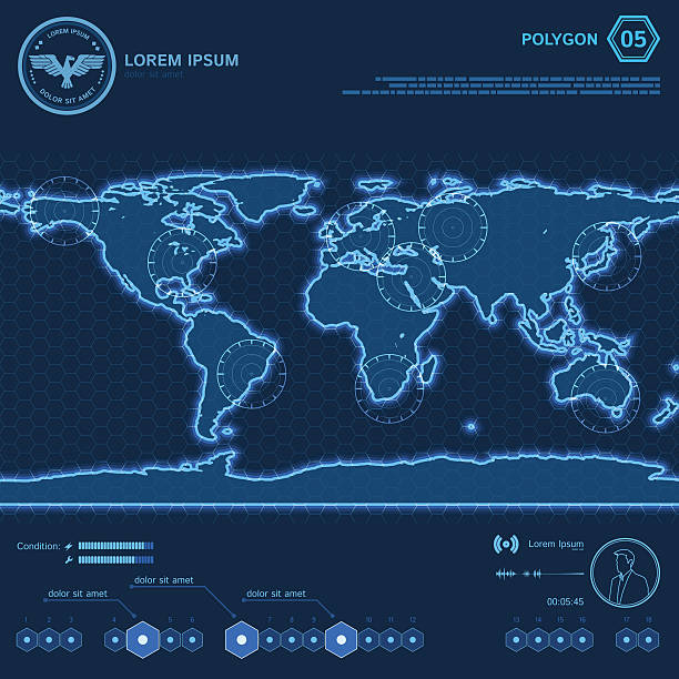 Blue Polygon World Map HUD Screen vector art illustration
