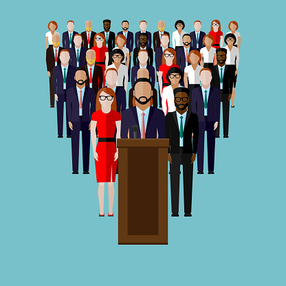 vector flat  illustration of a speaker (party candidate or leader) and team or electorate crowd. political campaign. election debates or press conference concept