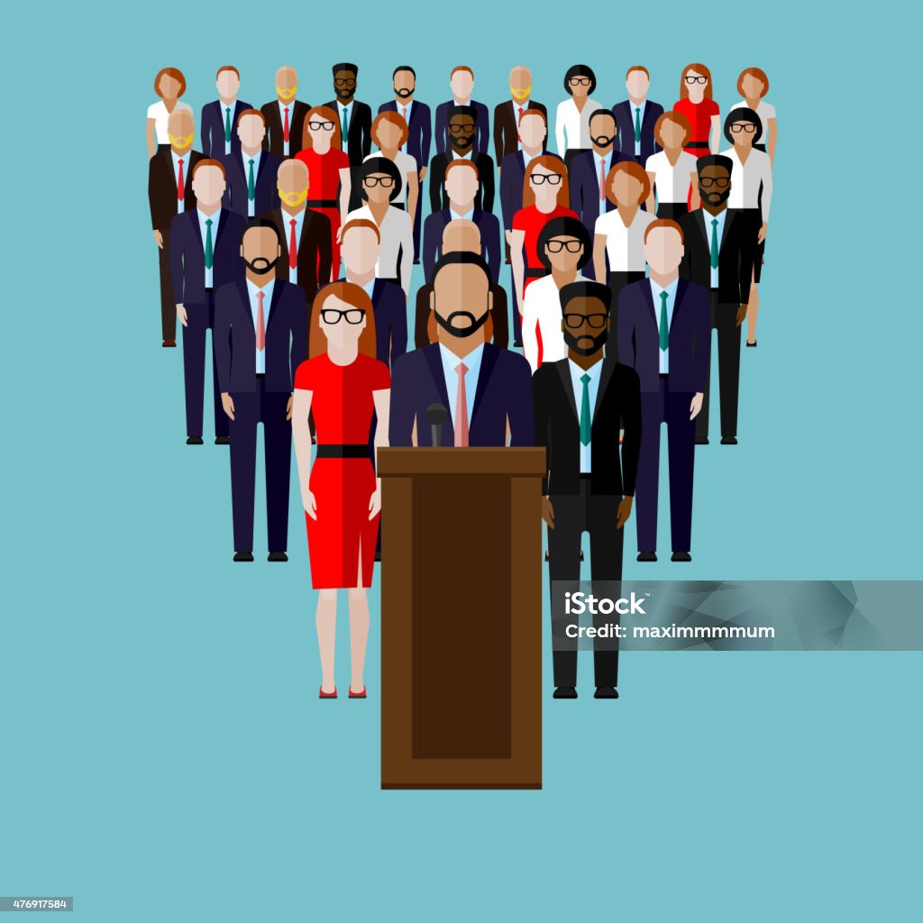 vector flat  illustration of a speaker and team vector flat  illustration of a speaker (party candidate or leader) and team or electorate crowd. political campaign. election debates or press conference concept Politician stock vector