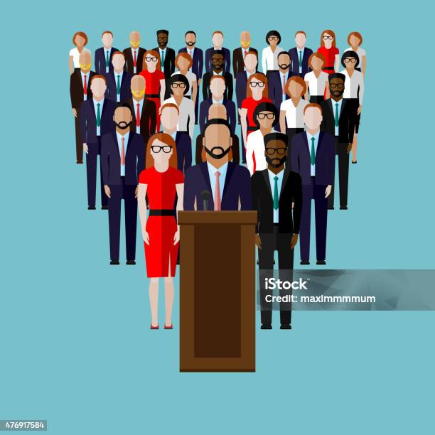 Vector Flat Illustration Of A Speaker And Team Stock Illustration - Download Image Now - Politician, Government, Authority