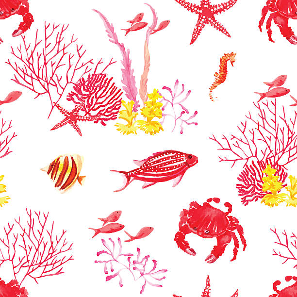 Bright fishes,crab, corals watercolor seamless vector pattern Bright fishes,crab and corals watercolor seamless vector pattern rainbow crab stock illustrations