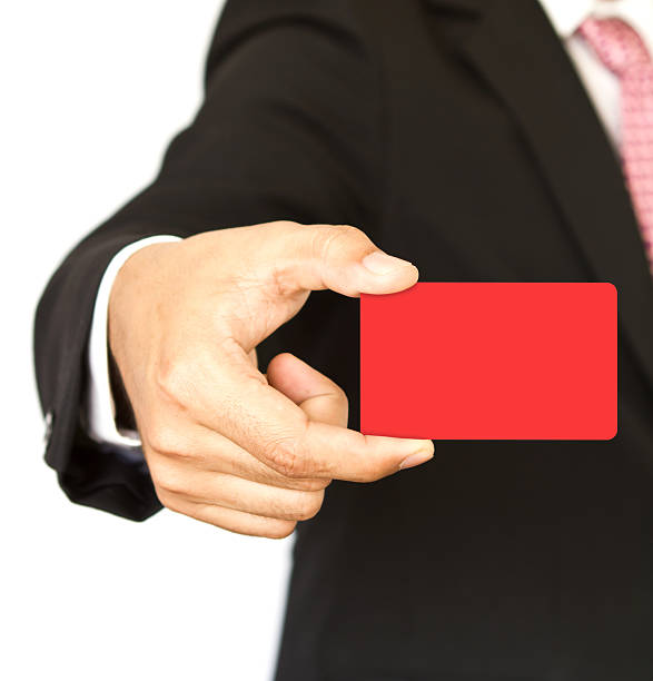 istock Business man with red empty card in hand 476920597