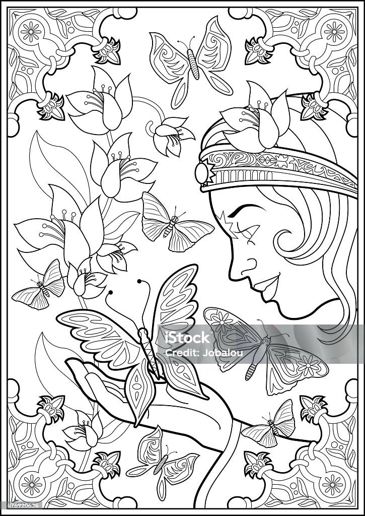 Coloring Page Butterflies And Fairy Princess Vector Illustration of a black and white outline image of butterflies flying, with a princess Fairy on a background of flowers in springtime. Adult stock vector