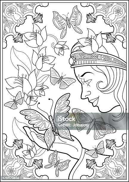 Coloring Page Butterflies And Fairy Princess Stock Illustration - Download Image Now - Adult, Coloring Book Page - Illlustration Technique, Coloring