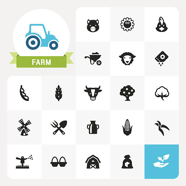 ilustraciones, imágenes clip art, dibujos animados e iconos de stock de agricultura y granja iconos de vector y de la etiqueta de base - acequia