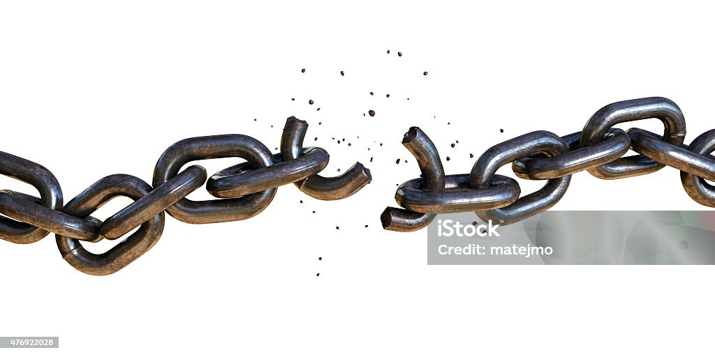Broken Chain A5 A rugged chain in the process of breaking. One of the links has shattered in two pieces, with fragments flying off. The chain is positioned on a pure white background. Chain - Object Stock Photo