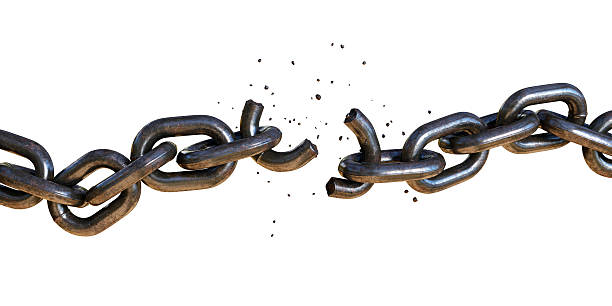 Broken Chain A5 A rugged chain in the process of breaking. One of the links has shattered in two pieces, with fragments flying off. The chain is positioned on a pure white background. broken chain stock pictures, royalty-free photos & images