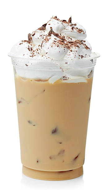 Iced coffee Iced coffee covered with whipped cream in plastic glass isolated on white background mocha stock pictures, royalty-free photos & images