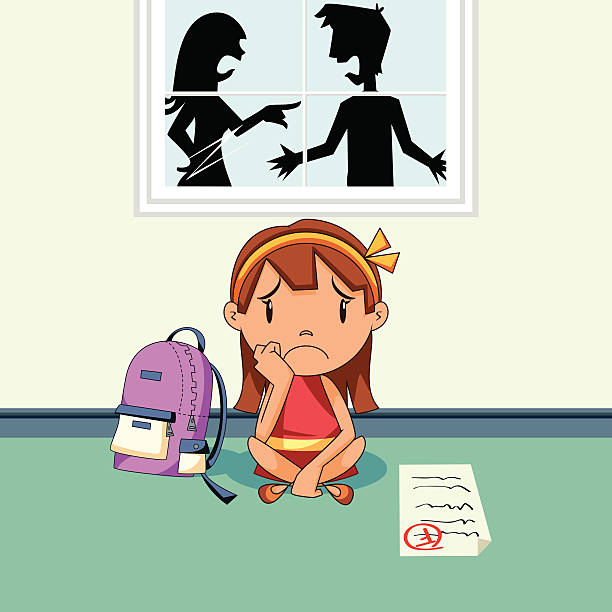 ilustrações de stock, clip art, desenhos animados e ícones de os pais e a menina triste defender - backpack student report card education