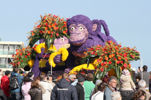 Aalst, Belgium, 11 February 2024: Carnival Group Droeig and float during Aalst carnival parade. Aalst Mardi Gras is the biggest carnival celebration in Flanders with over 100,000 spectators each year
