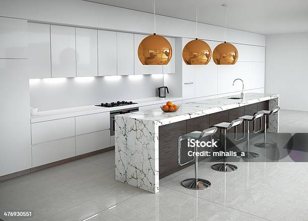 Contemporary Minimal White Kitchen With Marble And Wood Details Stock Photo - Download Image Now