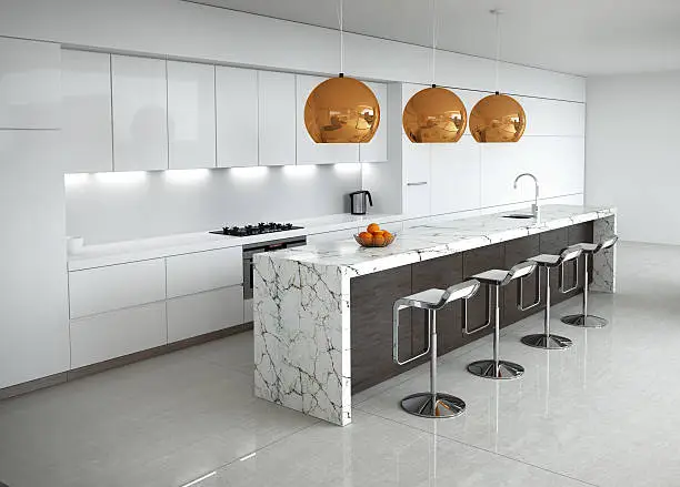 Photo of Contemporary minimal white kitchen with marble and wood details