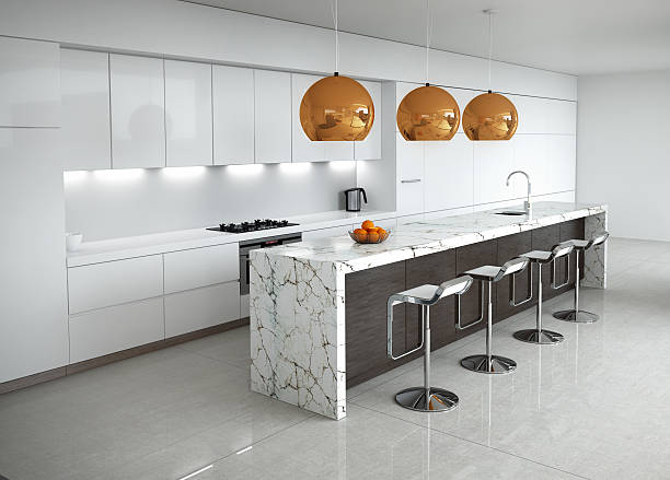 cozinha branco moderno minimalista com mármore e pormenores de madeira - orange wall imagens e fotografias de stock