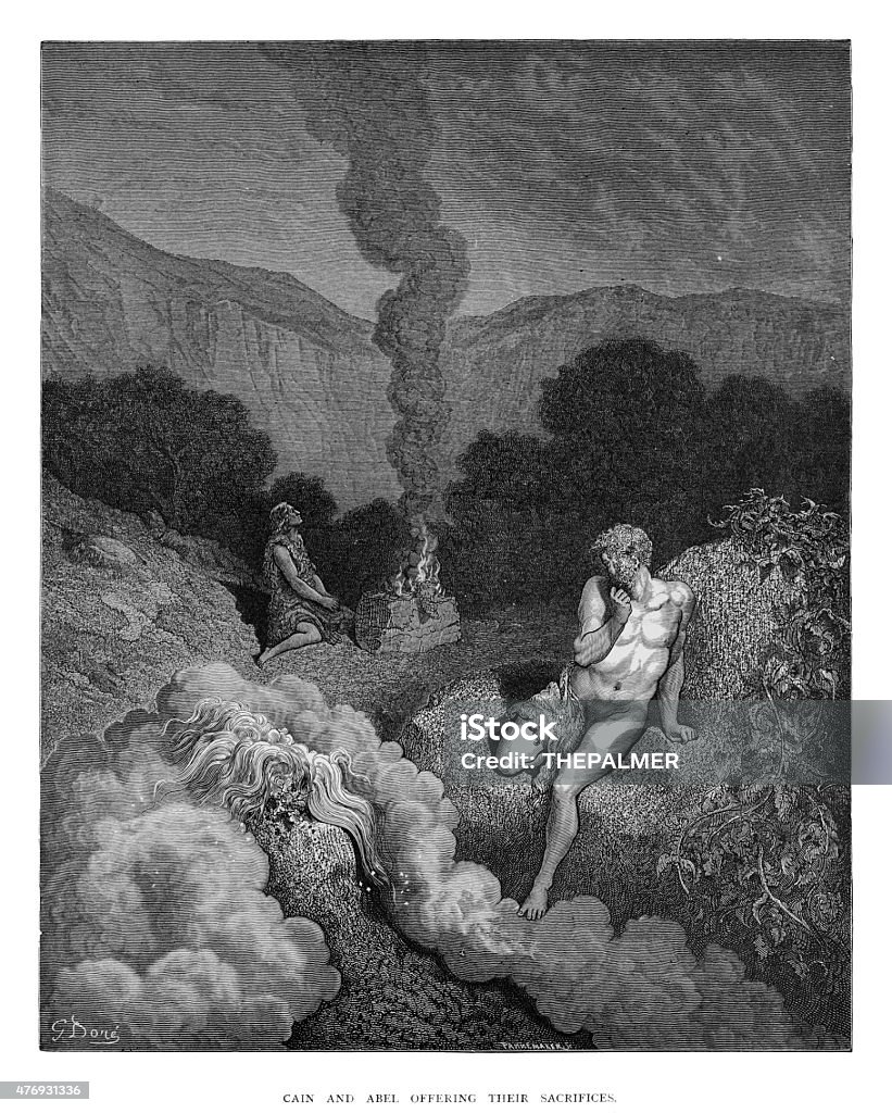 Cain and Abel offering engraving Cain and Abel offering their sacrifice engraving  by Gustave Dore. 2015 stock illustration