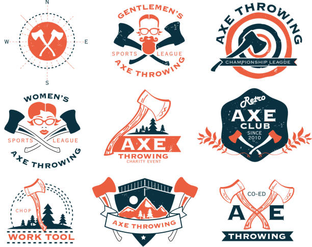 Orange and blue Axe Throwing set of labels or badges Vector illustration of a set of Axe Throwing labels or badge design templates. Design includes orange and blue color palette with worn textures. Includes crossed axes, target, sample text, gentlemen hipster, female face, mountains and nature. Perfect for Axe throwing celebration, lumberjack, hipster or male party themes. Layers for easy editing. axe throwing stock illustrations