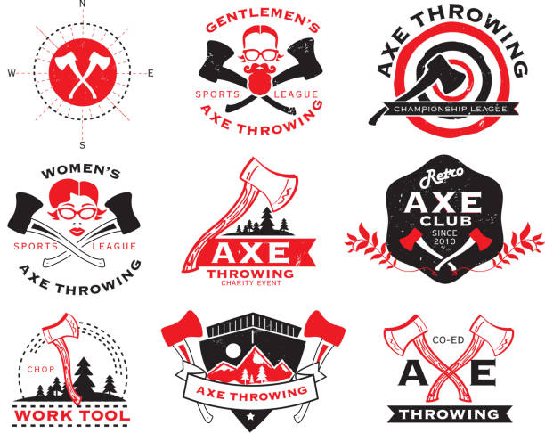 Red and black Axe Throwing set of labels Vector illustration of a set of Axe Throwing labels or badge design templates. Design includes red and black color palette with worn textures. Includes crossed axes, target, sample text, gentlemen hipster, female face, mountains and nature. Perfect for Axe throwing celebration, lumberjack, hipster or male party themes. Layers for easy editing. axe throwing stock illustrations