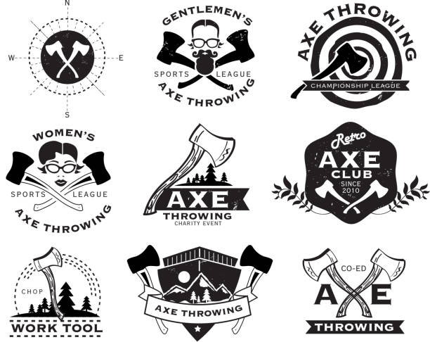 Black and white Axe Throwing set of labels or badges Vector illustration of a set of Axe Throwing labels or badge design templates. Design includes black and white color palette with worn textures. Includes crossed axes, target, sample text, gentlemen hipster, female face, mountains and nature. Perfect for Axe throwing celebration, lumberjack, hipster or male party themes. Layers for easy editing. axe throwing stock illustrations