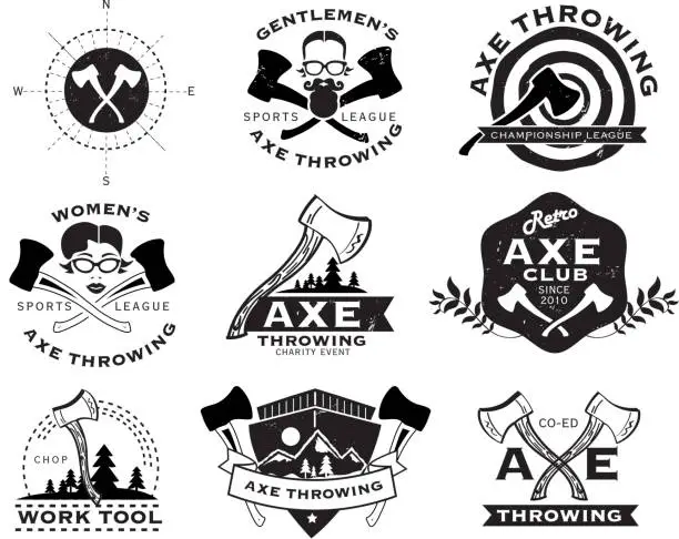 Vector illustration of Black and white Axe Throwing set of labels or badges