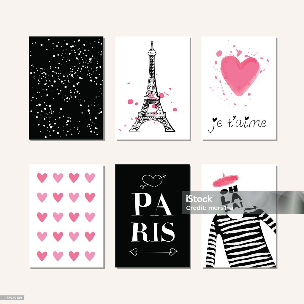 Set of Paris theme creative cards Set of creative cards with Paris theme design. Vector design templates for greeting / gift cards, flyers, posters, banners, patterns, art decoration etc. Paris - France stock vector
