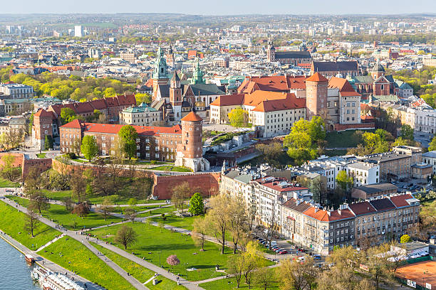 Panorama of beautiful Krakow, former capital city, Europe Panorama of beautiful Krakow, former capital city of Poland wawel cathedral photos stock pictures, royalty-free photos & images
