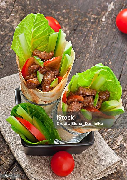 Tortilla Wraps With Meat And Fresh Vegetables Stock Photo - Download Image Now - Appetizer, Beef, Bread