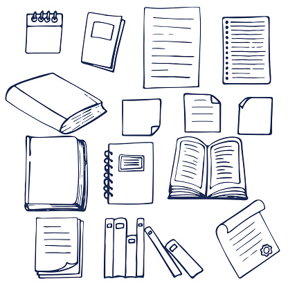 Hand drawn book, documents, notebook and sheets of paper. Vector illustration